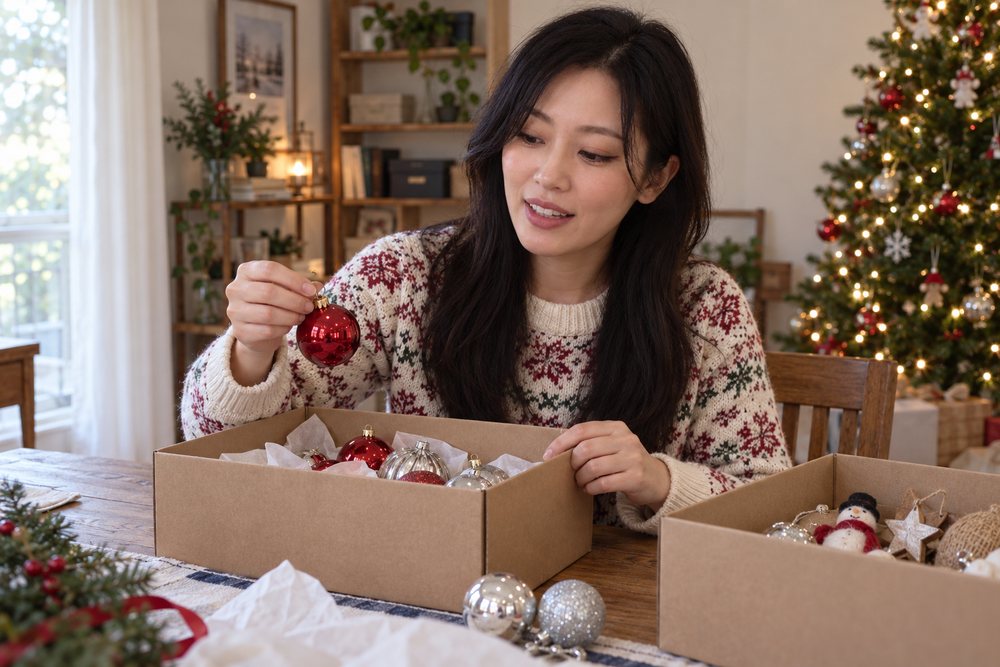 Megan Hayashi sorting glass ornaments at her table